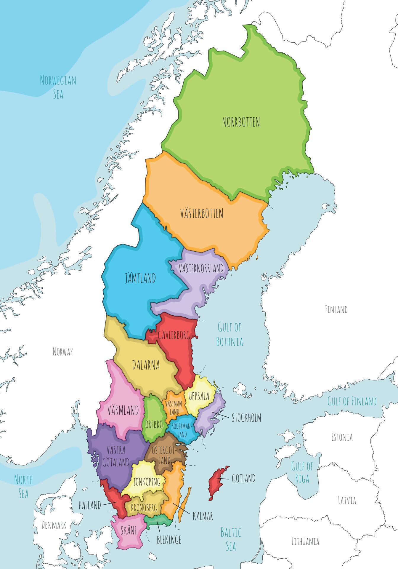 illustrated regional map of Sweden with counties and administrative