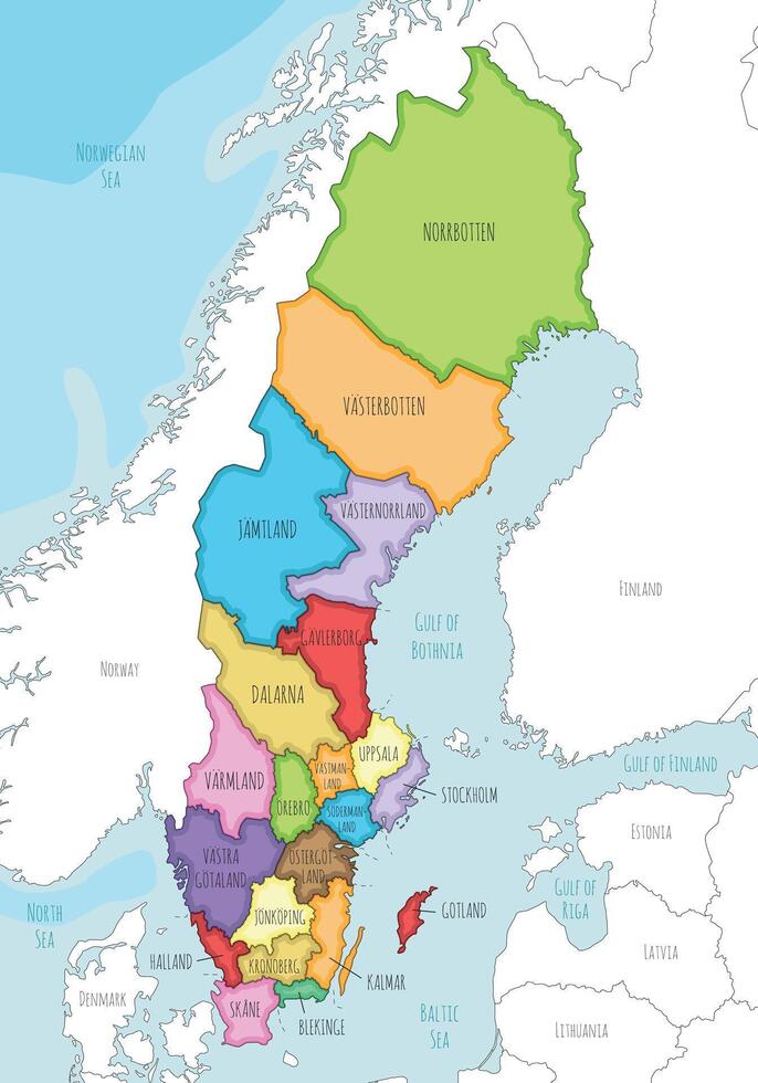 illustrated regional map of Sweden with counties and administrative divisions, and neighbouring countries. Editable and clearly labeled layers. vector