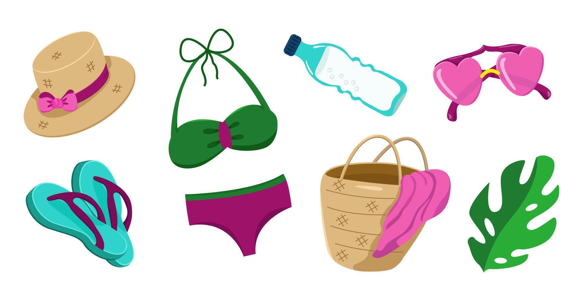 set of clothes and accessories for the beach. Summer beach fashion. Clothes for relaxing at sea and on the beach. vector