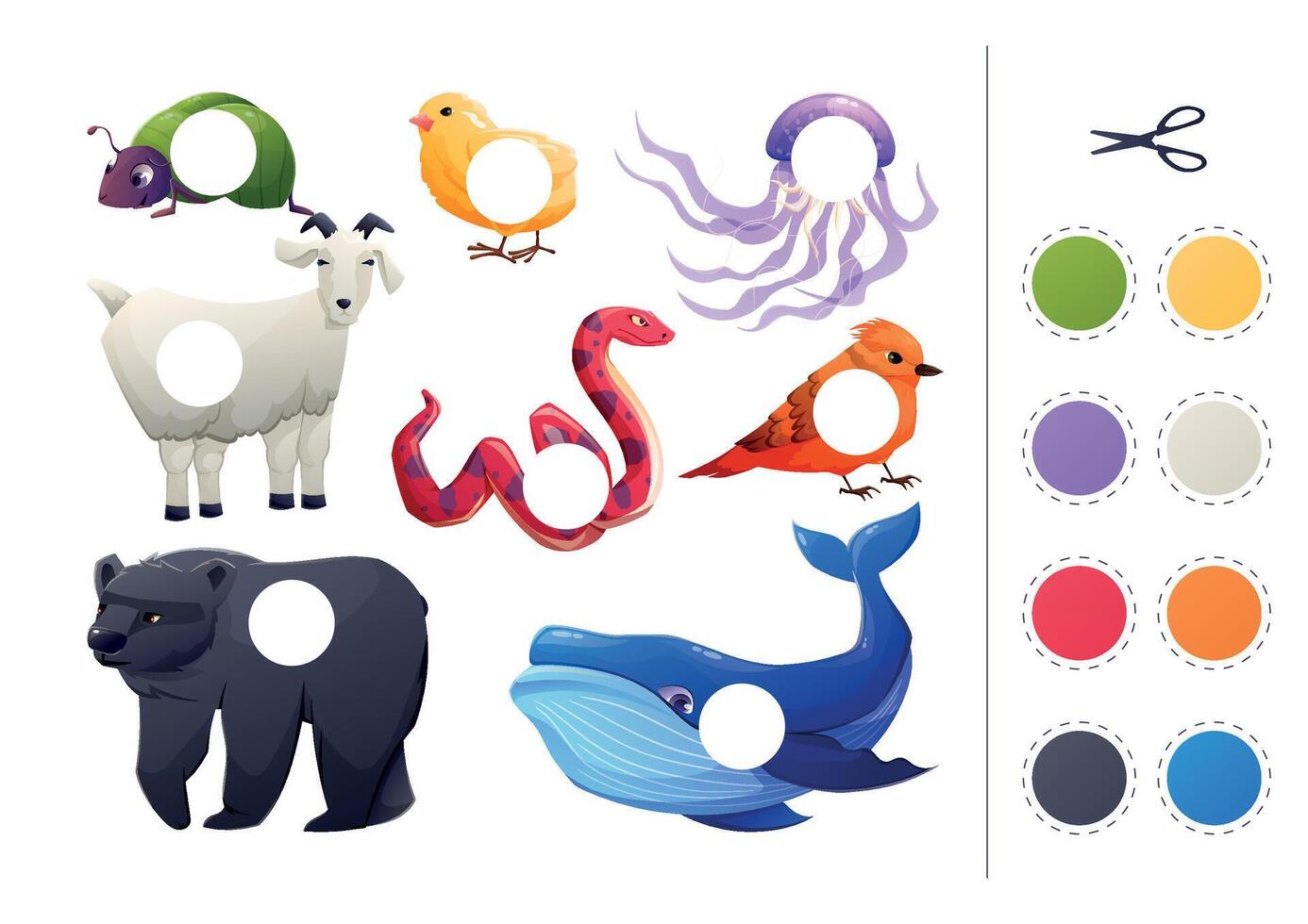 Educational children's patch game. Learning basic colors, cutting and gluing applique, activity page. Set of isolated cartoon animals and pets. vector