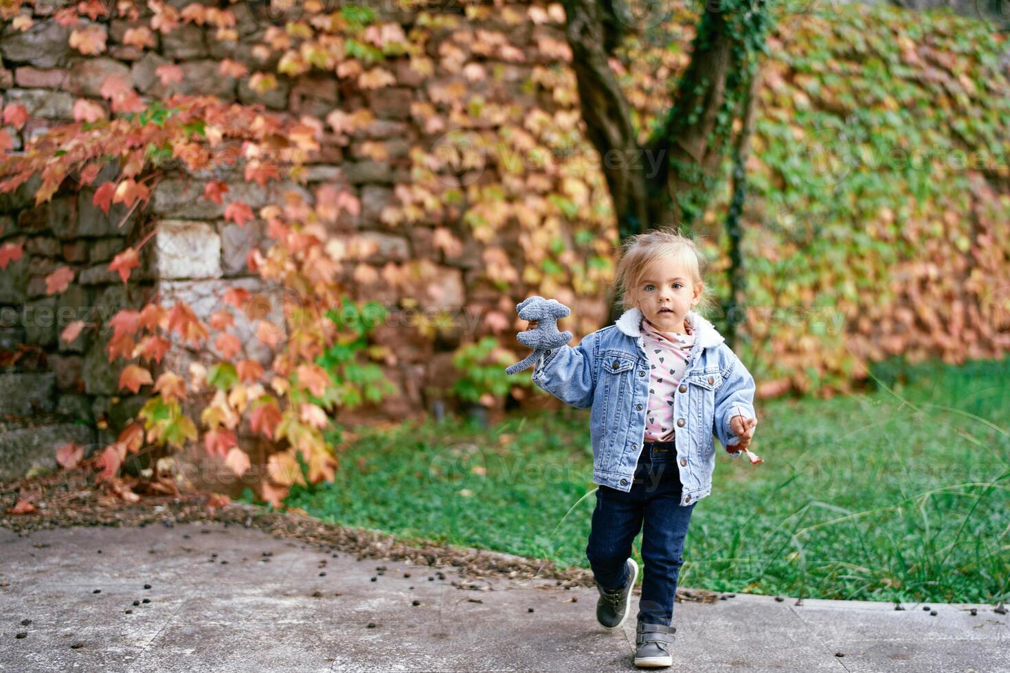 Little girl walks along a paved path in the park with a toy in her hand photo