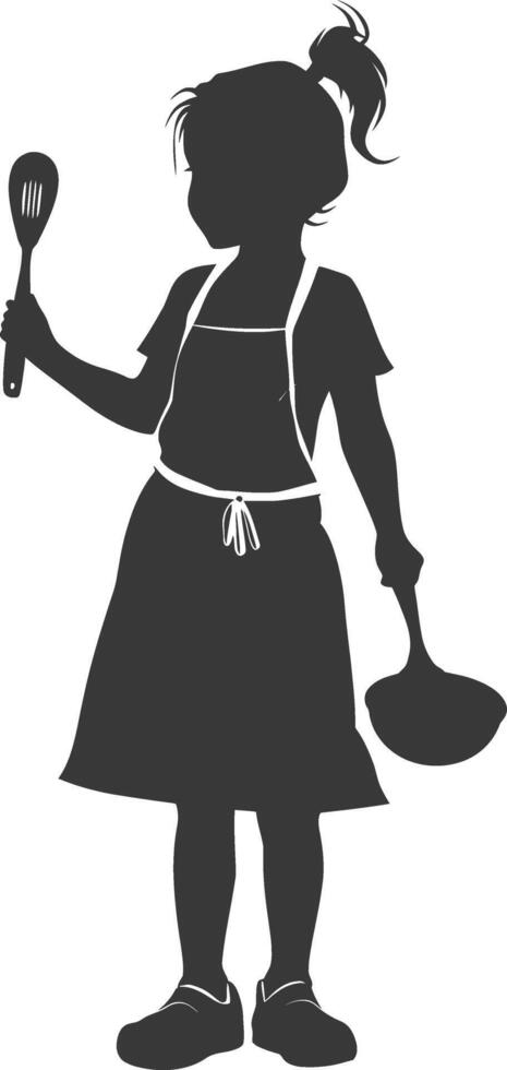 silhouette of little girl in apron with kitchen utensil black color only vector