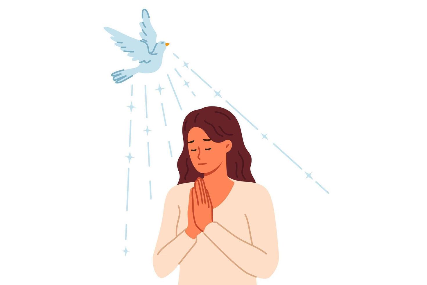 Woman reads prayer with palms folded in front of chest, standing near flying dove and shining sun vector