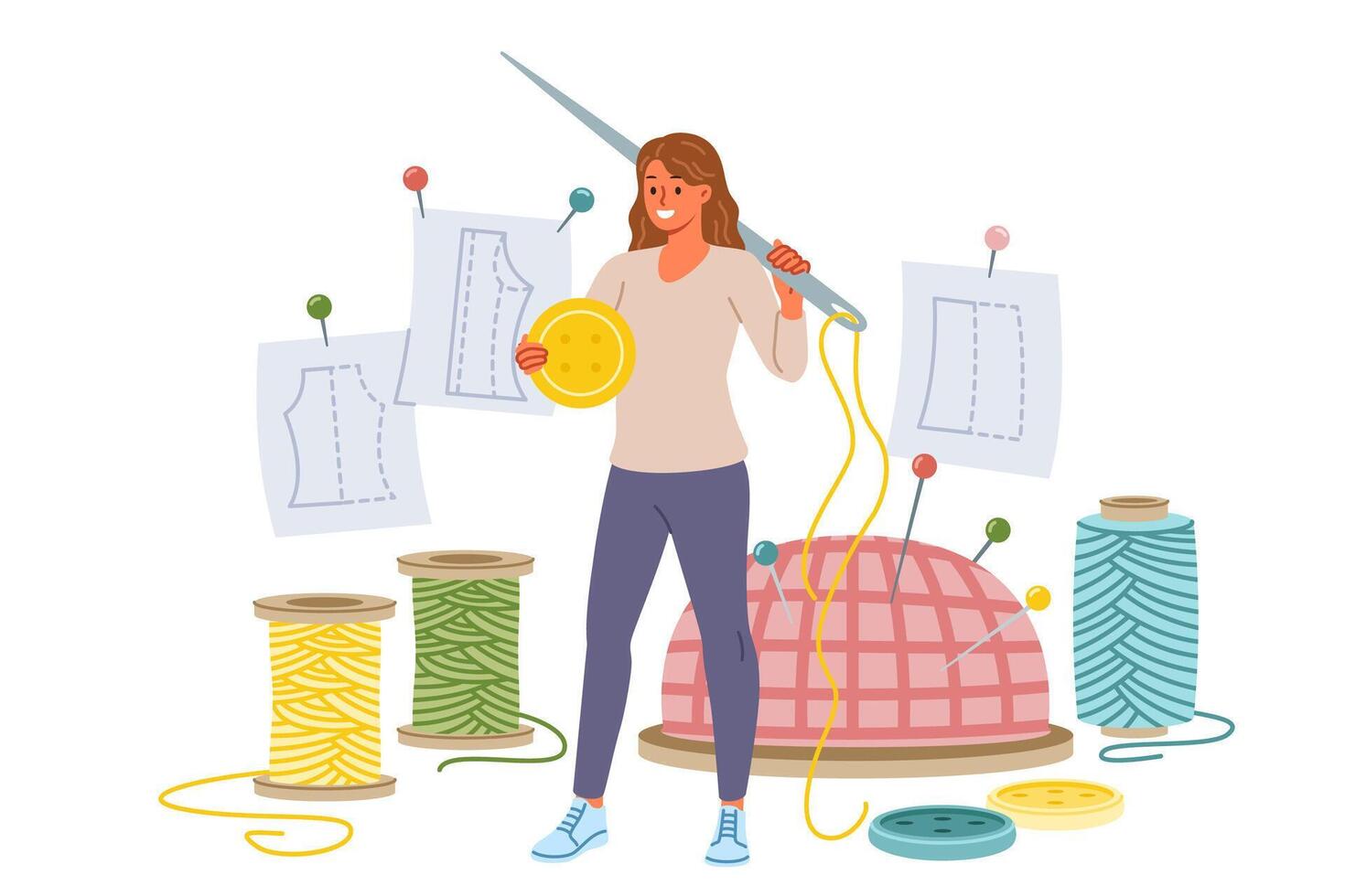 Woman seamstress holds large needle and button standing near threads for making handmade clothes vector