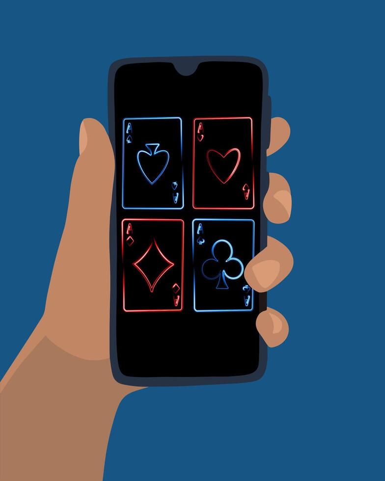 Illustration of playing cards with neon effect. Online games. vector