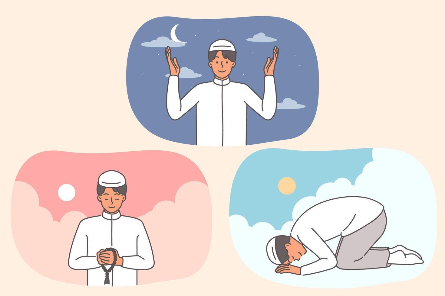 Muslim man reads namaz and prays to god at different times of day, observing rules of islam vector
