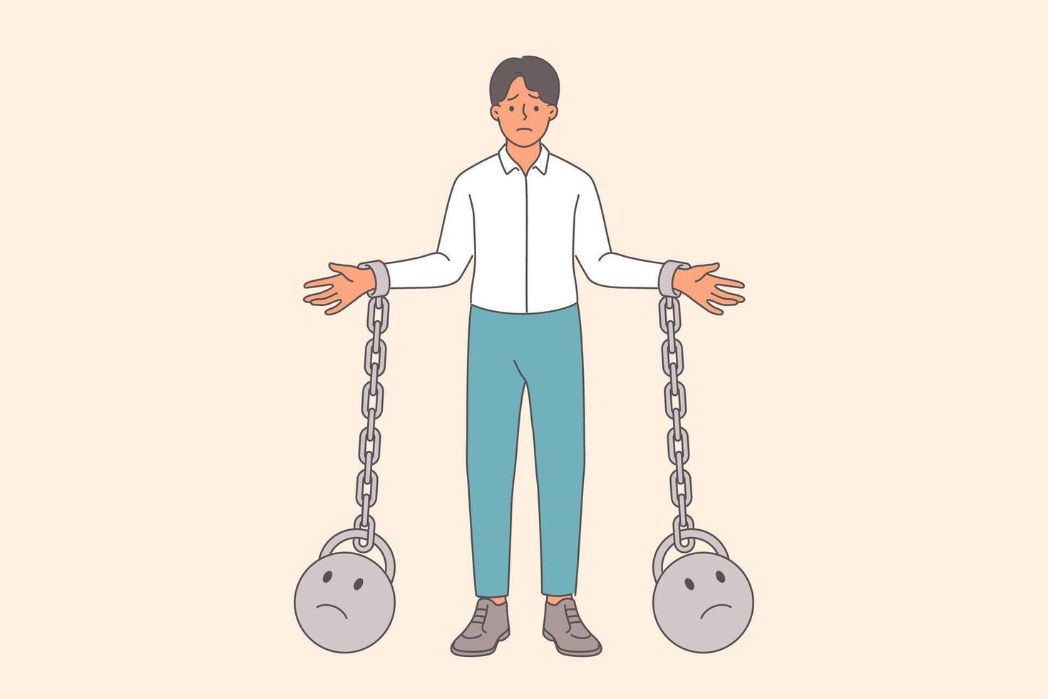 Business man slave suffers from lack of freedom, stands with weights tied in hands vector