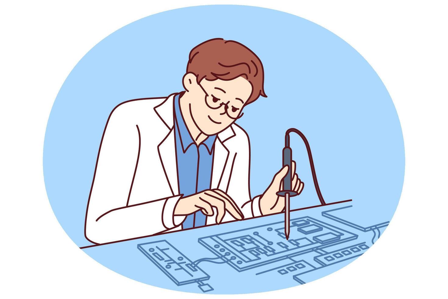 Man engineer uses soldering iron to repair computer board or invent new technology vector