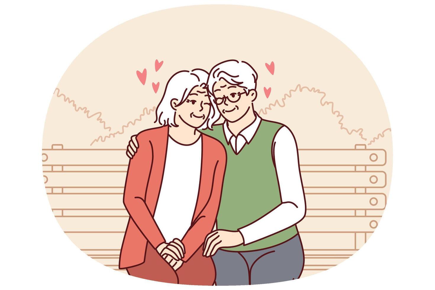 Elderly couple in love sits on park bench hugging and enjoying happy family life vector