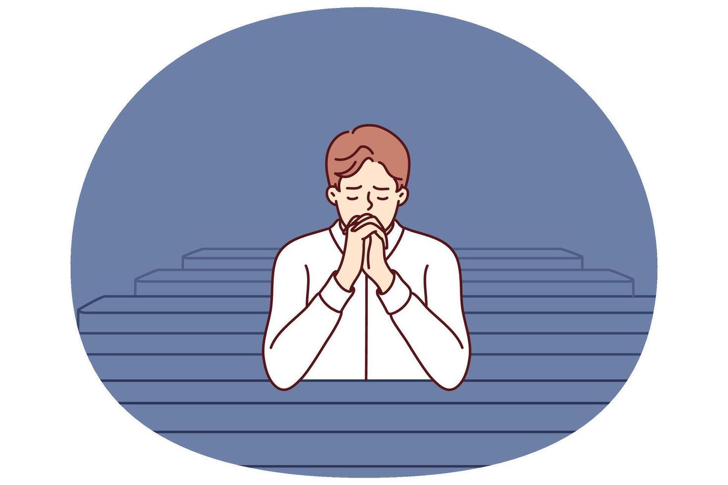 Christian man sits and prays in catholic church, turning to god to confess or ask for help vector