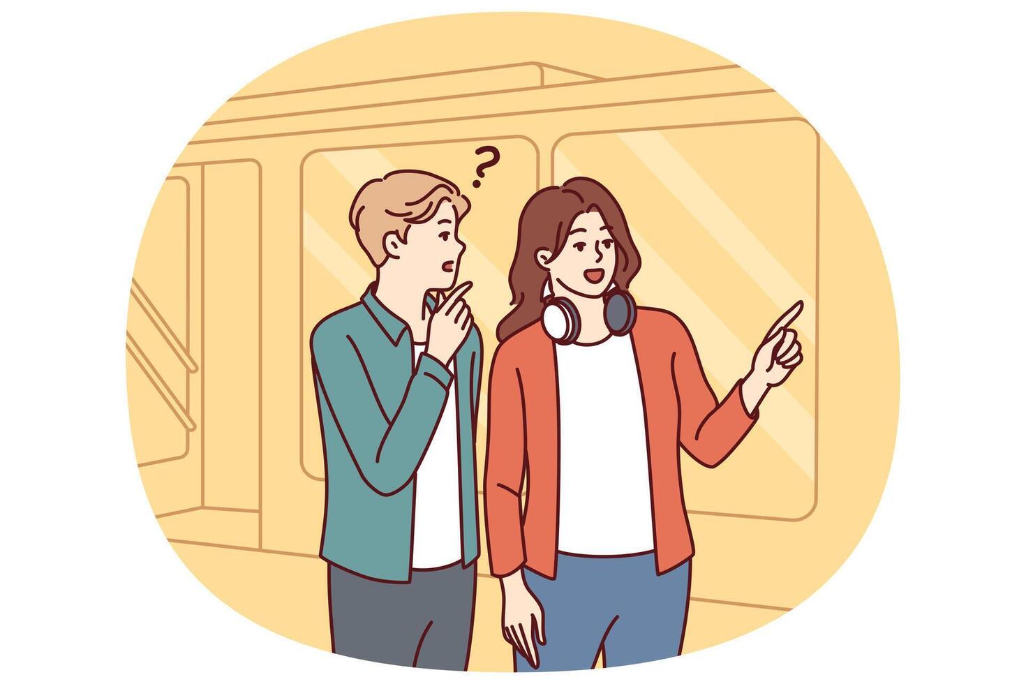Man and woman tourists are standing near subway on tramway car, choosing shortest path vector
