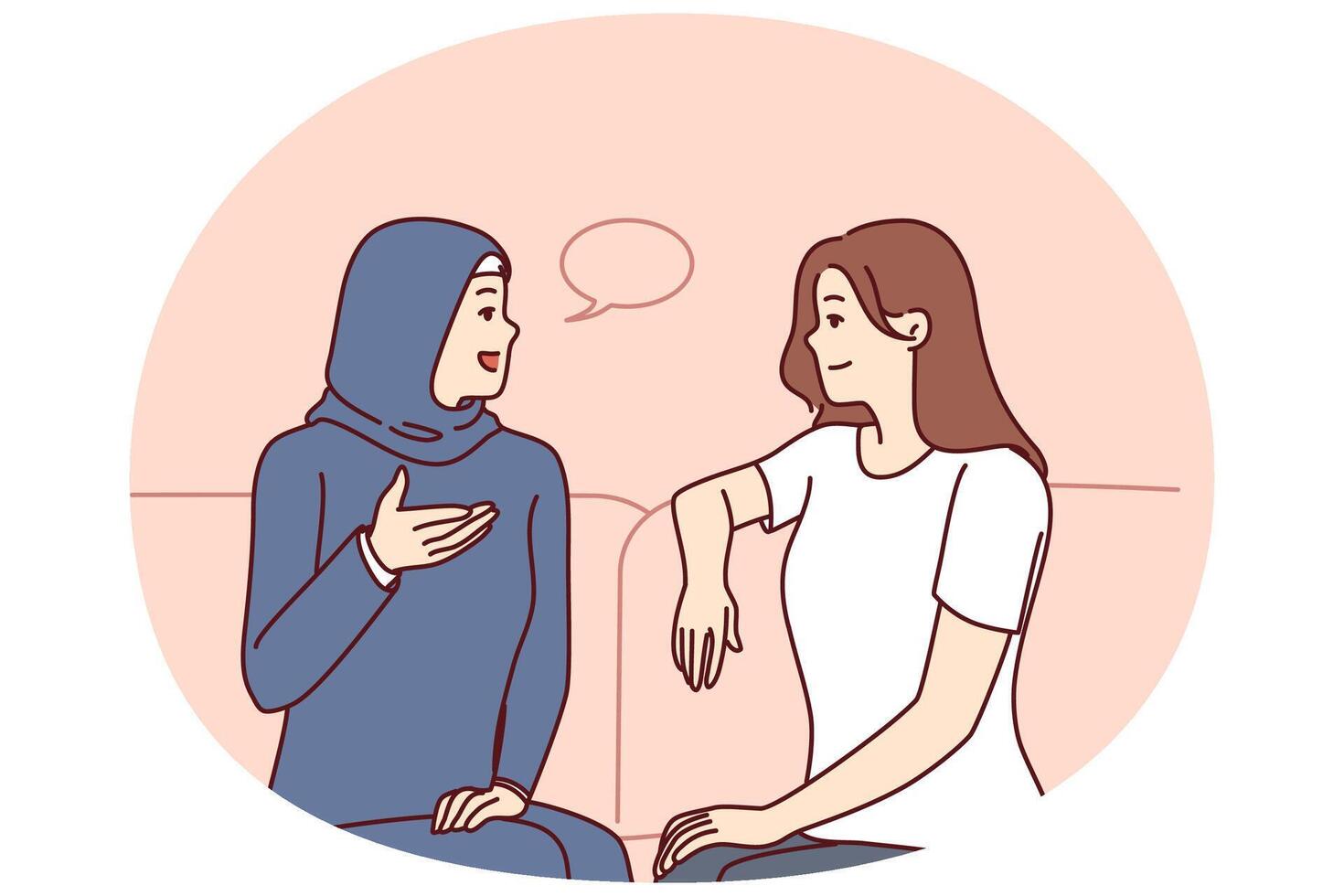 Girls from different ethnicities are talking sitting on couch demonstrating tolerance vector