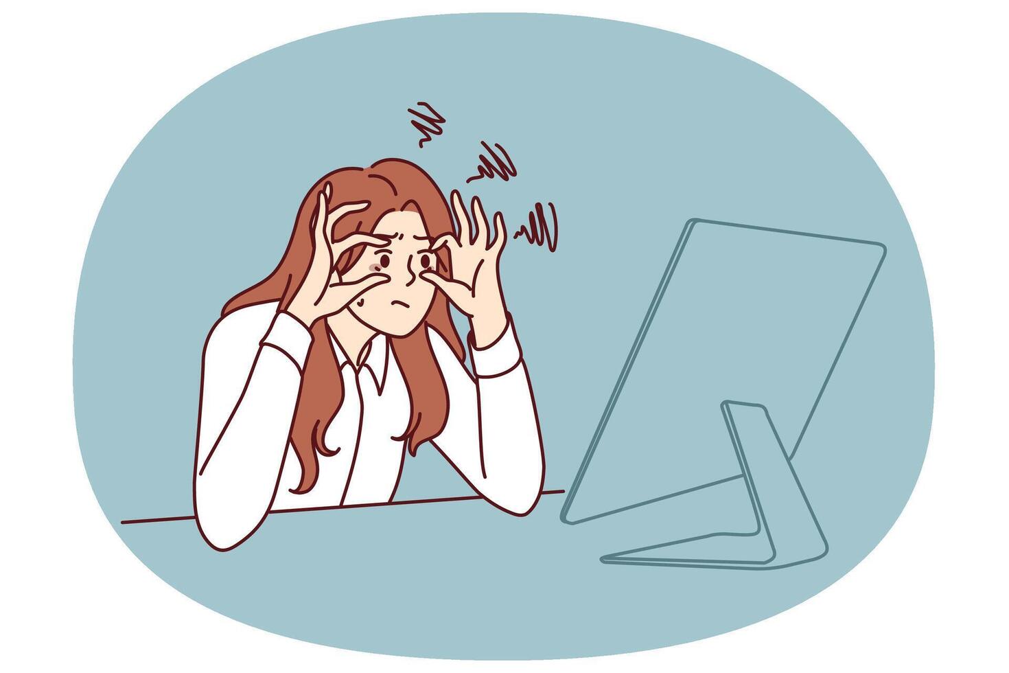 Sleepy woman trying to stay awake sitting at workplace with monitor is feeling tired due to overwork vector