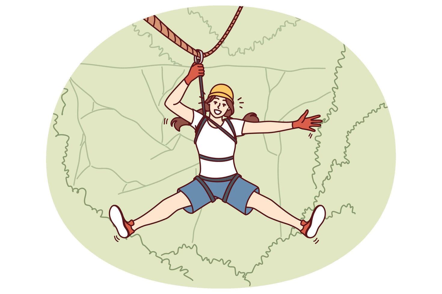 Woman tourist hangs on zip line over forest cliff enjoying extreme vacation in picturesque place vector