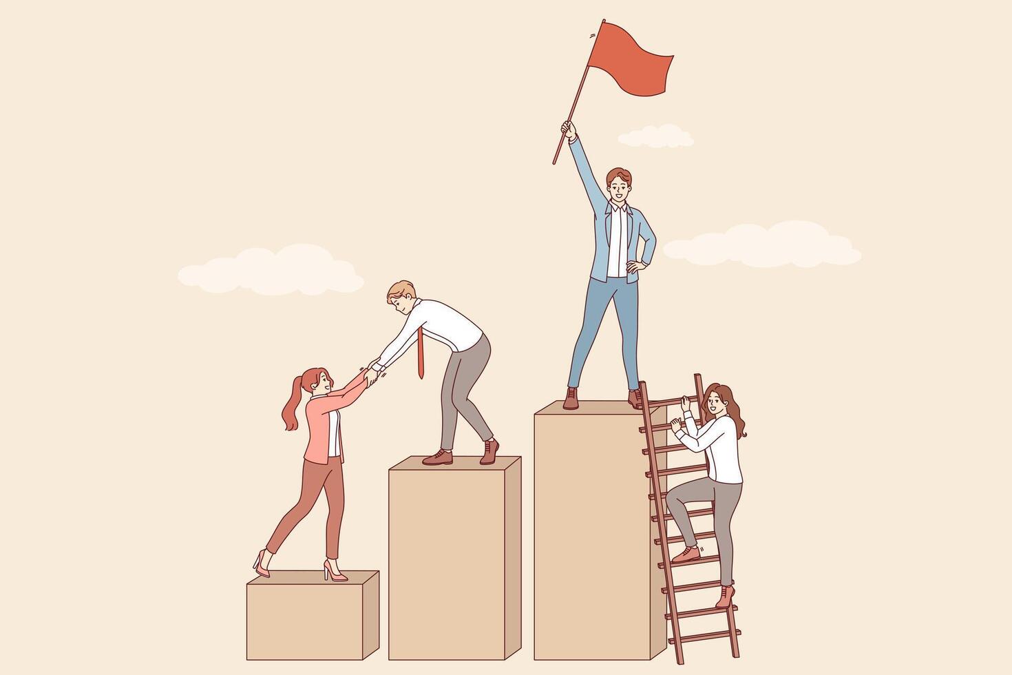 Team business people who rise to top of career ladder together and choose leader holding flag vector