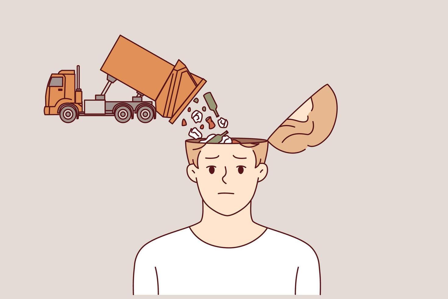 Men need information detox to clear garbage in heads poured out of truck symbolizing fake news vector