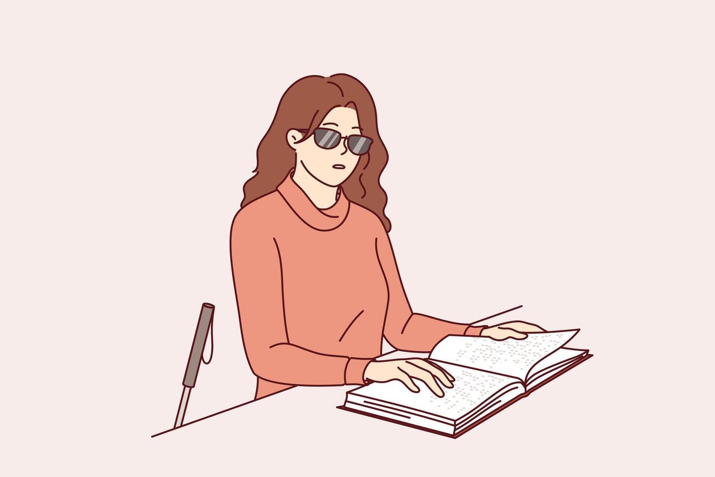 Blind woman reads braille book, using literature for people with disabilities to gain new knowledge vector