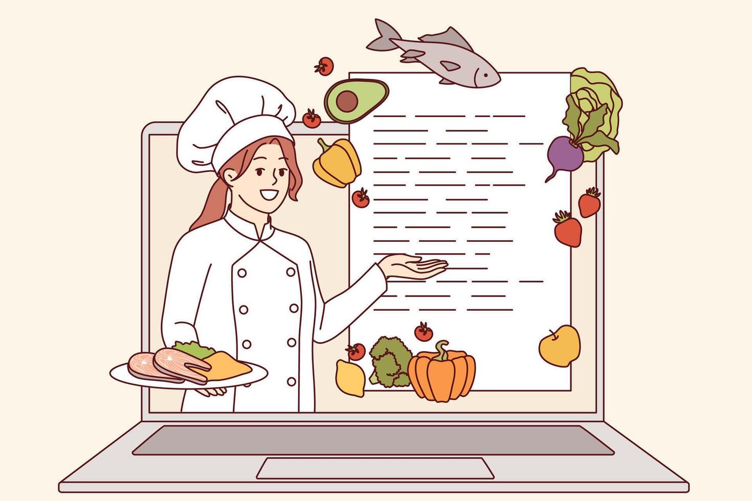 Online cooking course from woman chef looking out of laptop screen and recommending recipe vector