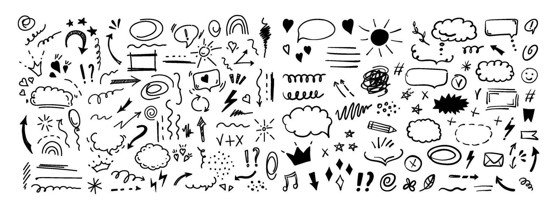 Simple sketch line style elements. Doodle cute ink pen line elements isolated on white background. Doodle arrow, heart, star, decoration symbol, icon set. vector