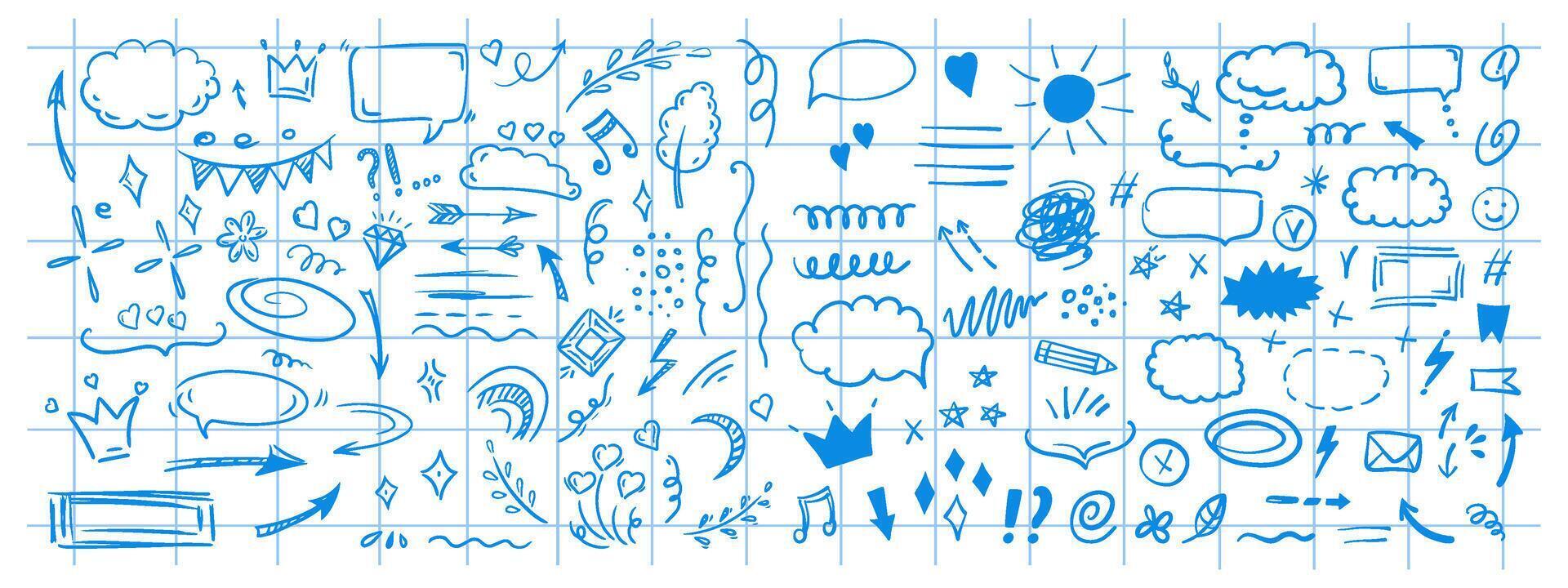 Doodle design elements and arrows. Elements for infographics. Hand drawn set of icons, frames, borders, arrows in isolated on checkered notebook sheet background. vector