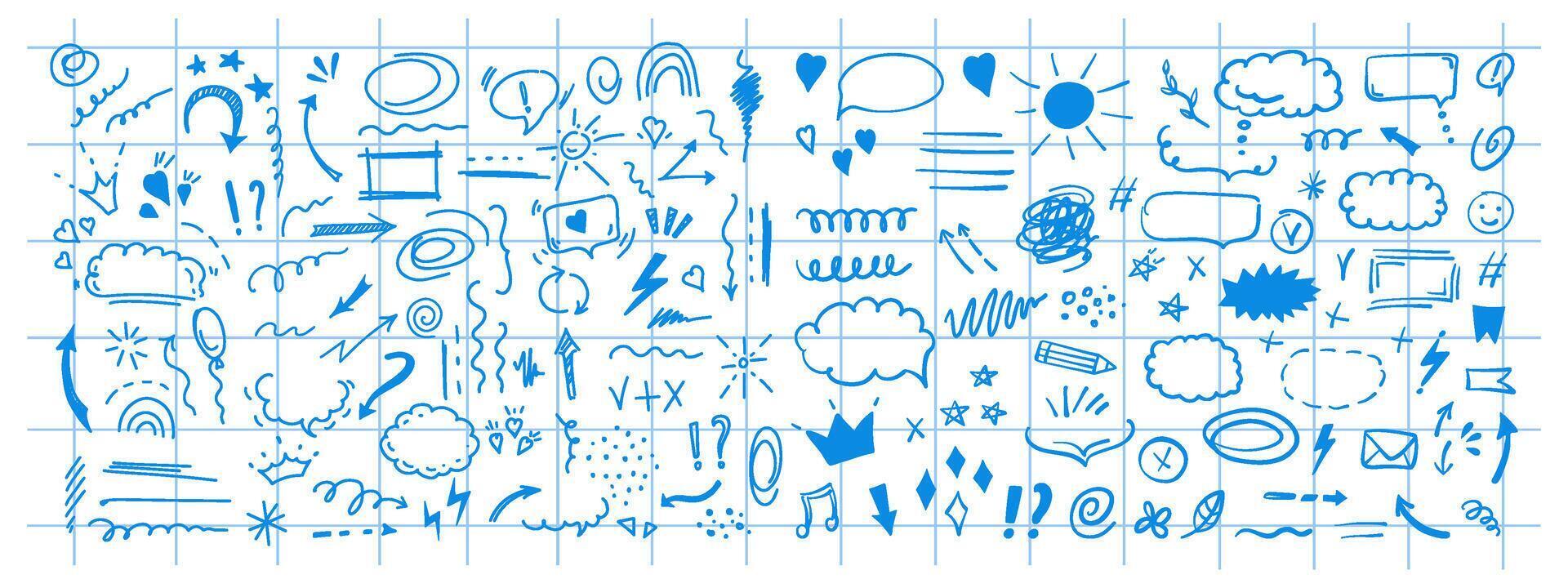 Doodle design elements and arrows. Elements for infographics. Hand drawn set of icons, frames, borders, arrows in isolated on checkered notebook sheet background. vector