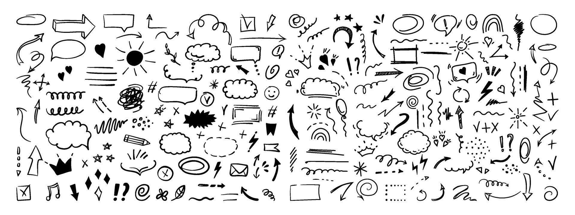 Simple sketch line style elements. Doodle cute ink pen line elements isolated on white background. Doodle arrow, heart, star, decoration symbol, icon set. vector