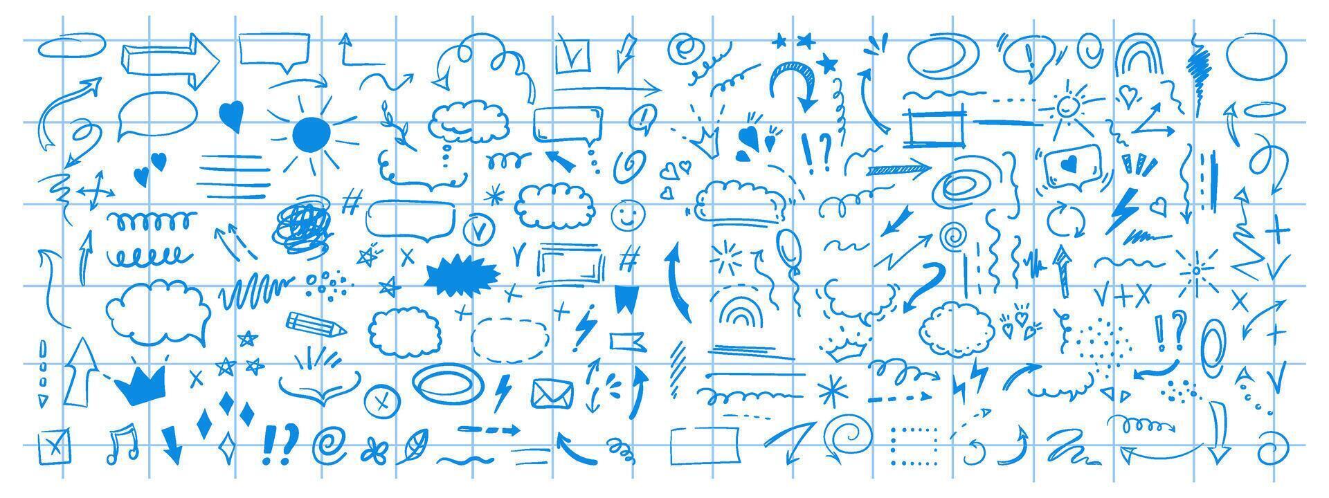 Doodle design elements and arrows. Elements for infographics. Hand drawn set of icons, frames, borders, arrows in isolated on checkered notebook sheet background. vector
