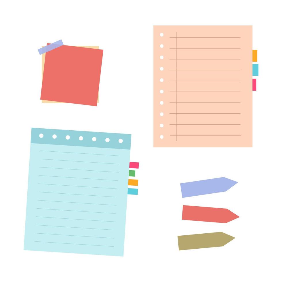 Modern paper notes on stickers illustration set. Office notepapers and information board in flat cartoon style vector