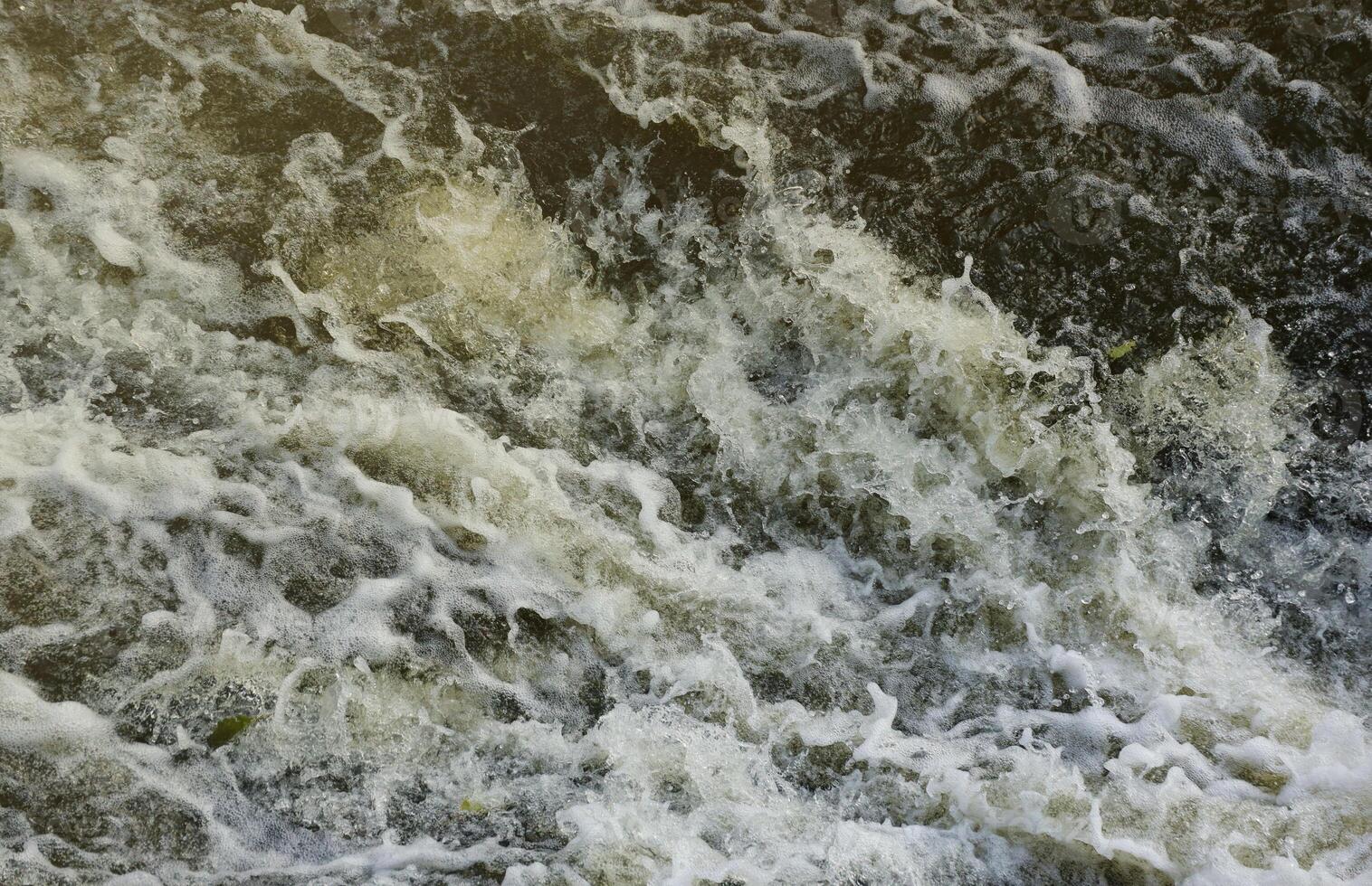 Waves of water of the river and the sea meet each other during high tide and low tide. Deep blue stormy sea water surface with white foam and waves pattern, background photo