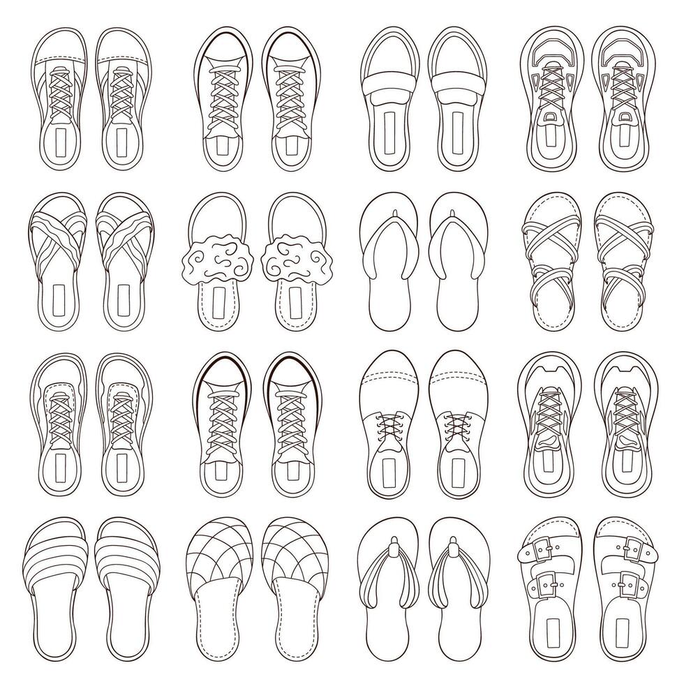 Female and male shoes collection in outline style. Set of casual woman and men footwear shoes, sneakers and boots. illustration isolated on a white background. vector