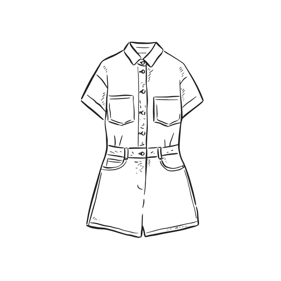 A line drawn illustration of a jumpsuit or playsuit women's outfit. Hand drawn ladies fashion in a sketchy style. vector