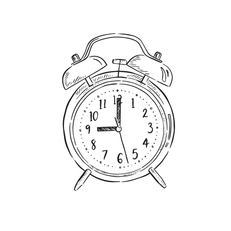 Alarm clock hand drawn in black and white. Line drawing. vector
