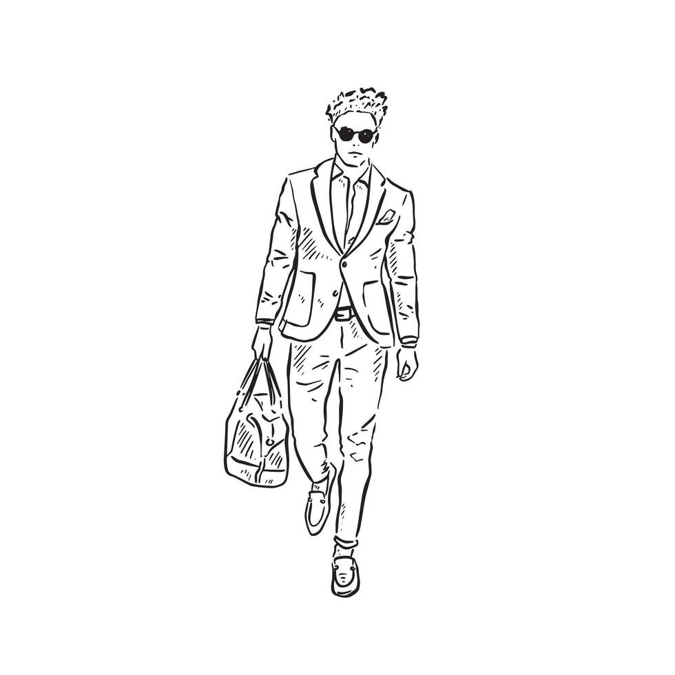 Hand drawn man with bag in left hand walking forwards. Line drawn in black. vector