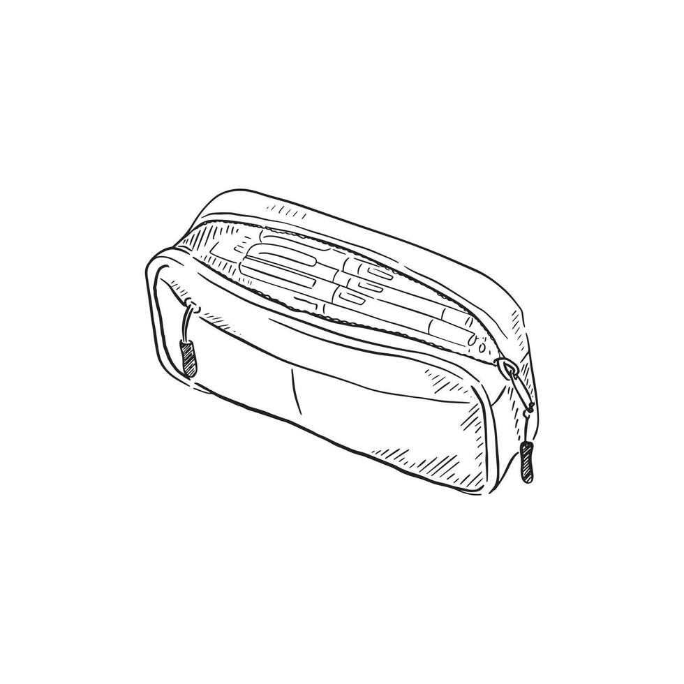 A line drawn pencil case in black and white in a sketchy style. Hand drawn and digitised. vector