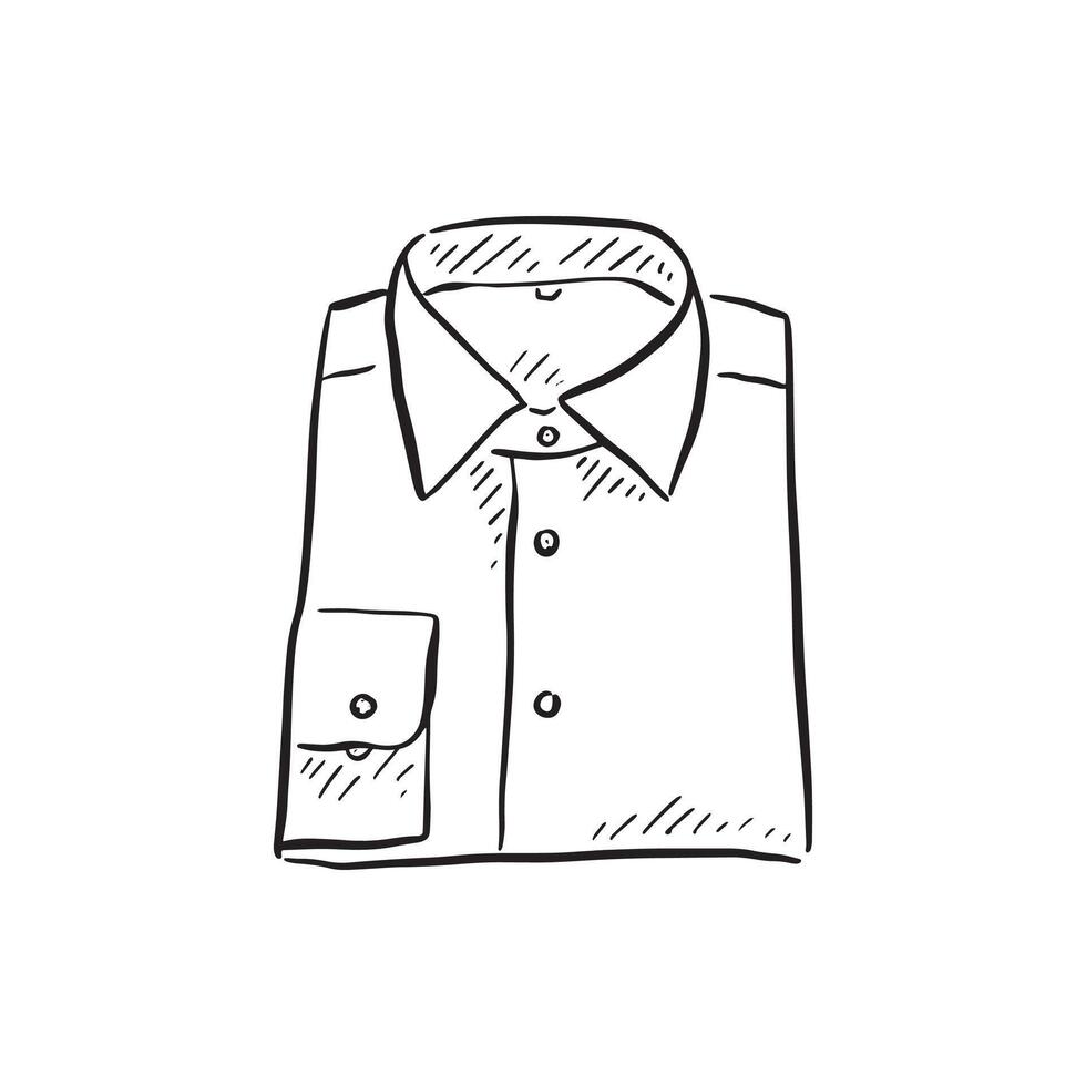 A line drawing of a folded mens shirt. Hand drawn in black an white with shading in line format. vector