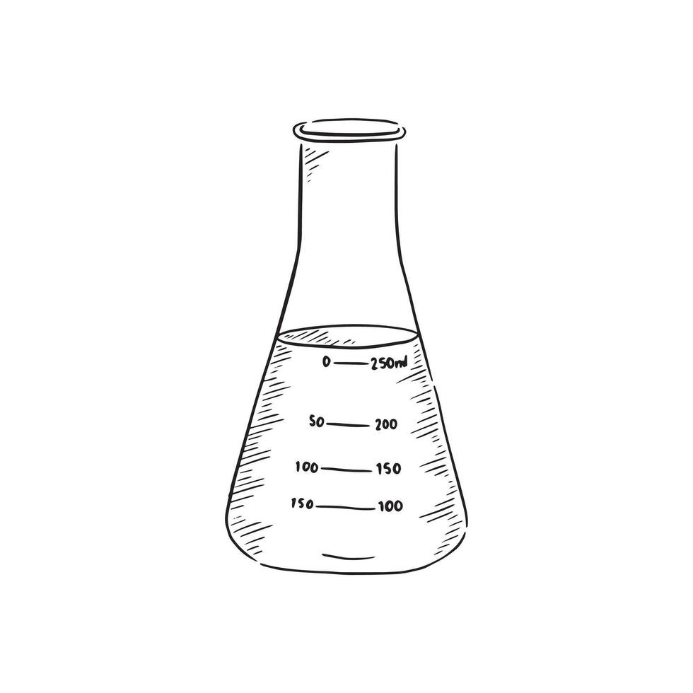 Science conical flask. A line drawn illustration of a conical flask in black and white. Drawn by hand with numbers written onto the glass and flask is full of liquid. vector