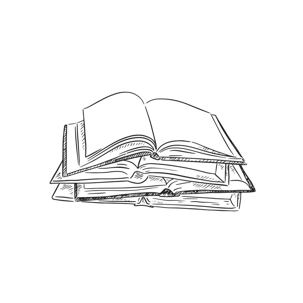 A stack of open books, hand drawn in a black and white sketchy style. vector