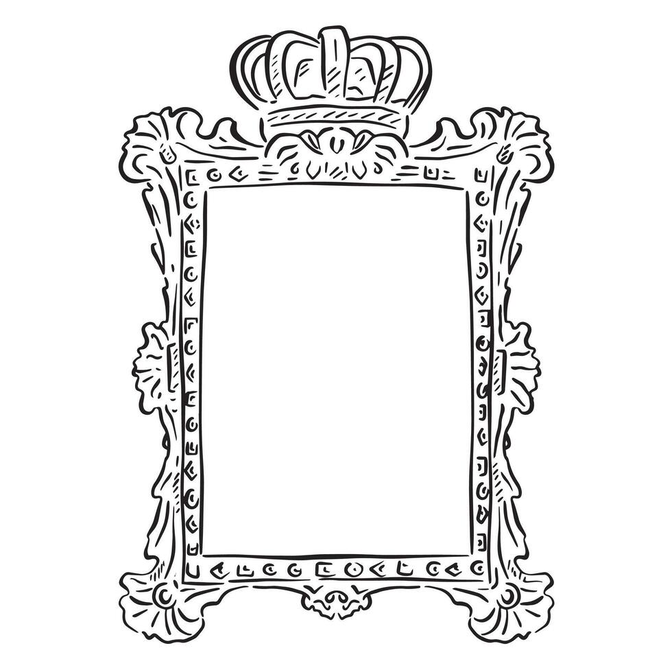 A line drawing of a regal style frame. Black and white hand drawn illustration of an ornate frame with a crown at the top. vector