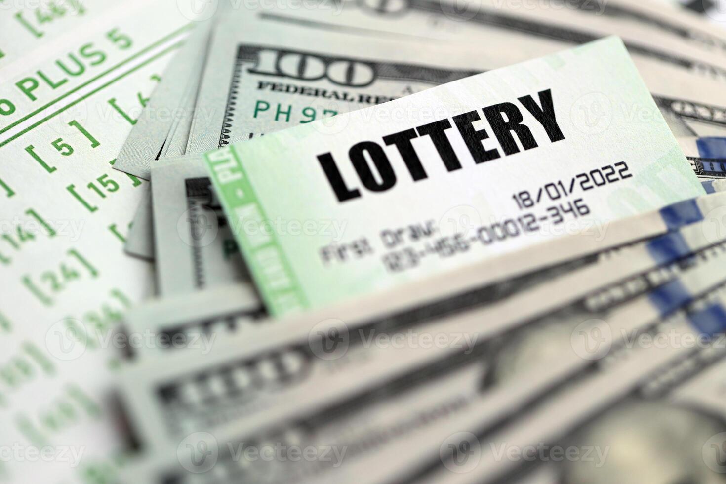 Green lottery tickets and US money bills on blank with numbers for playing lottery photo