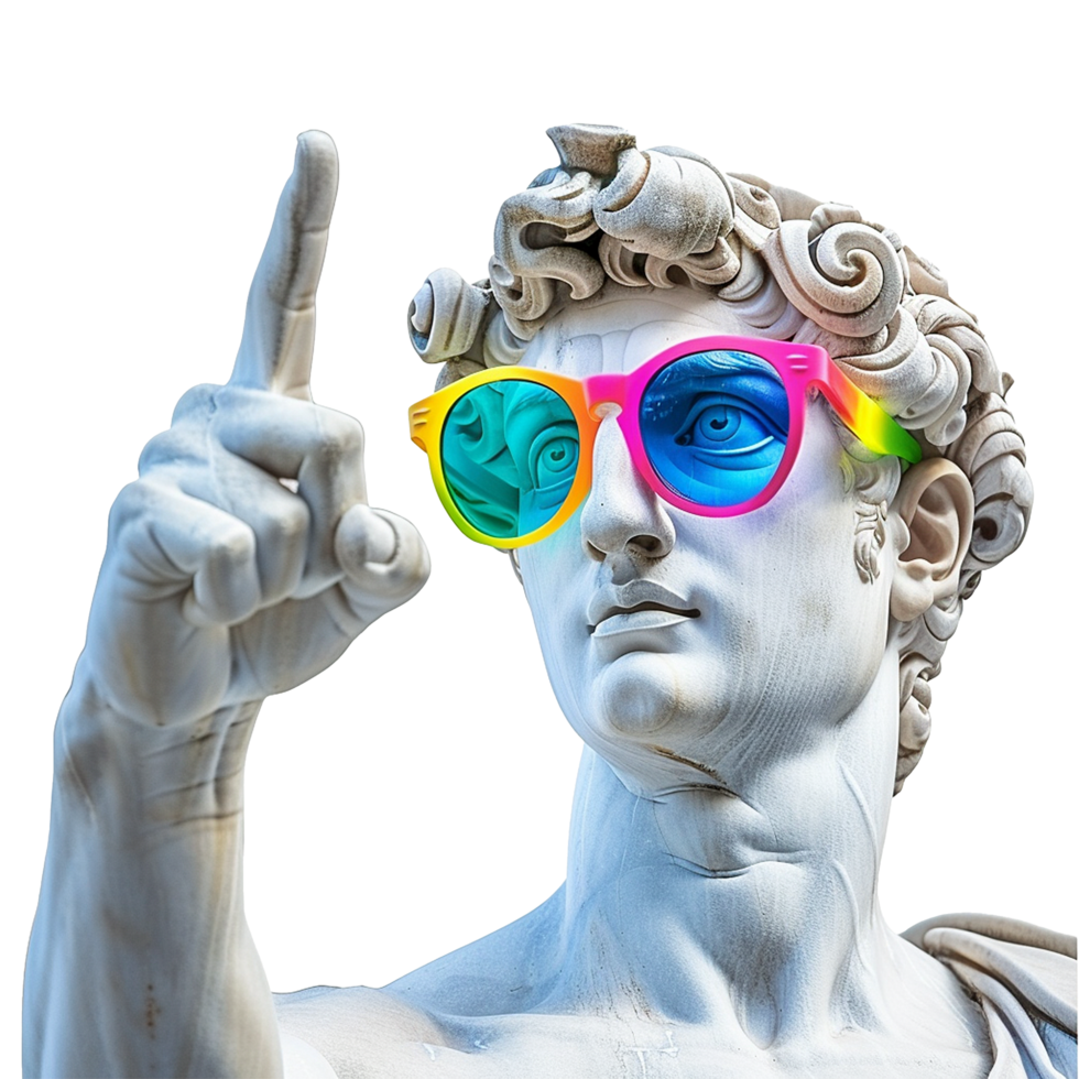 Greek statue colorful sunglasses pointing finger isolated on transparent background png