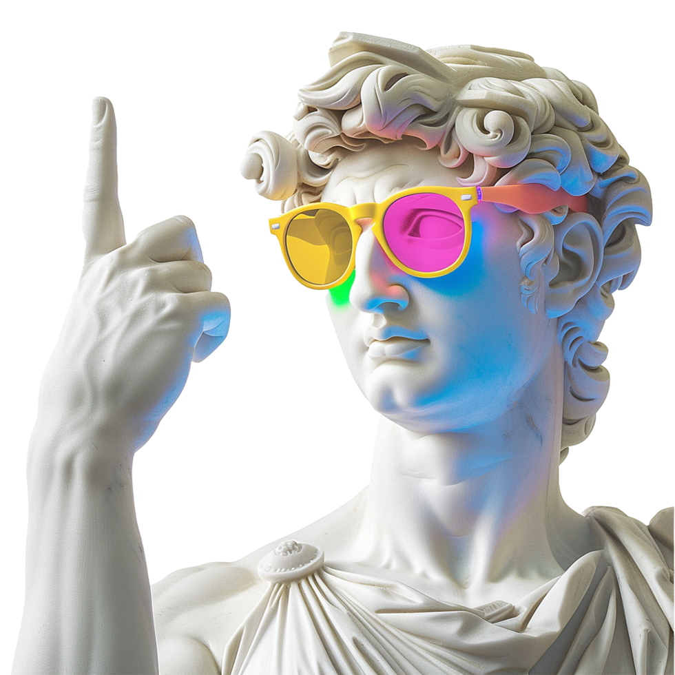 Greek statue colorful sunglasses pointing finger isolated on transparent background png