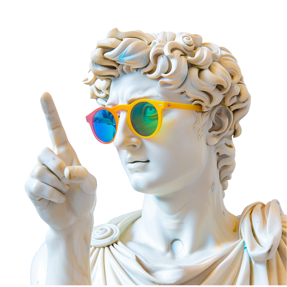 Greek statue colorful sunglasses pointing finger isolated on transparent background png