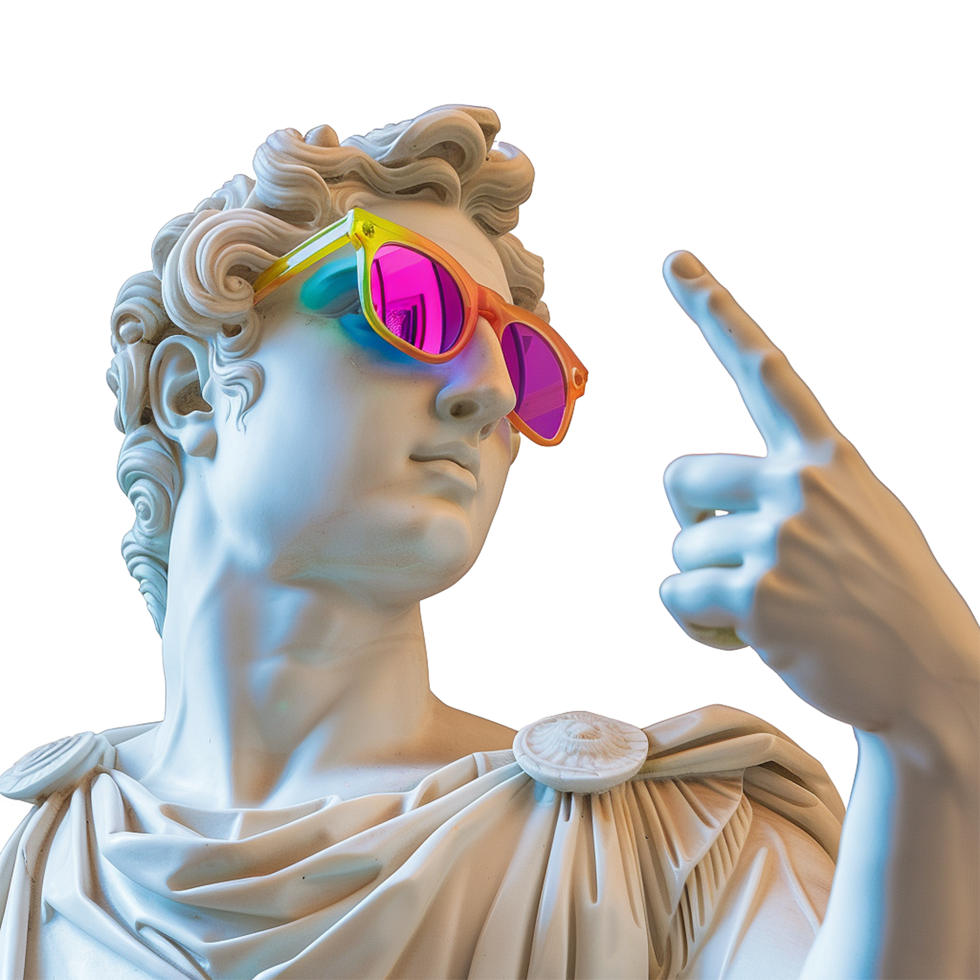 Greek statue colorful sunglasses pointing finger isolated on transparent background png