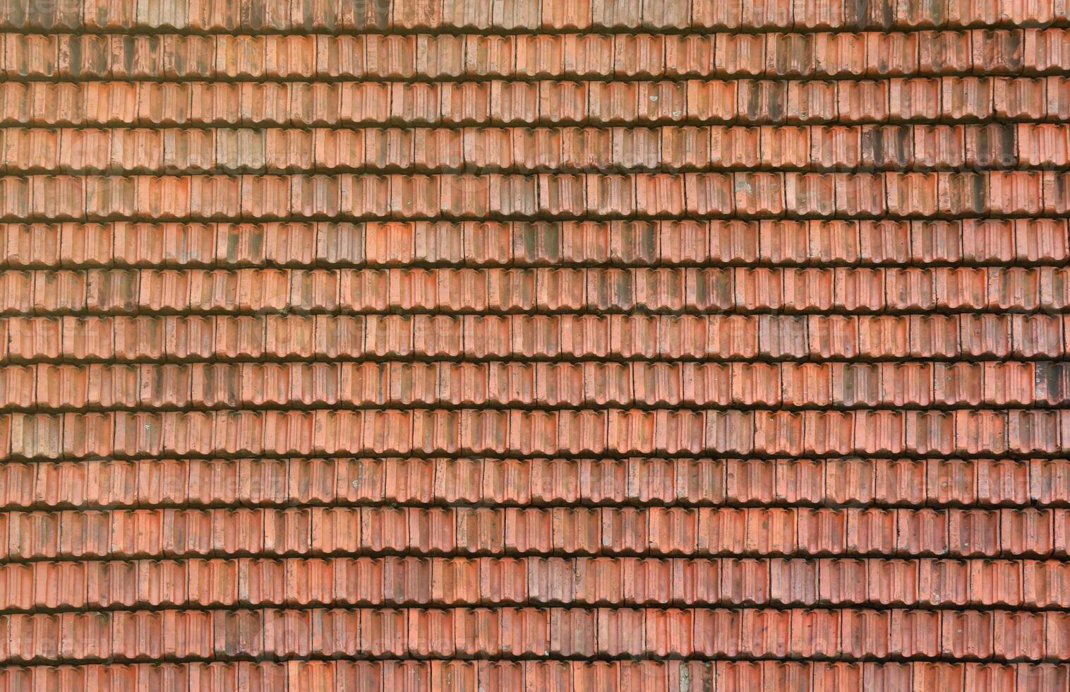 Close up of red terracotta roof shingles with some mildew. Background texture of roofing material photo