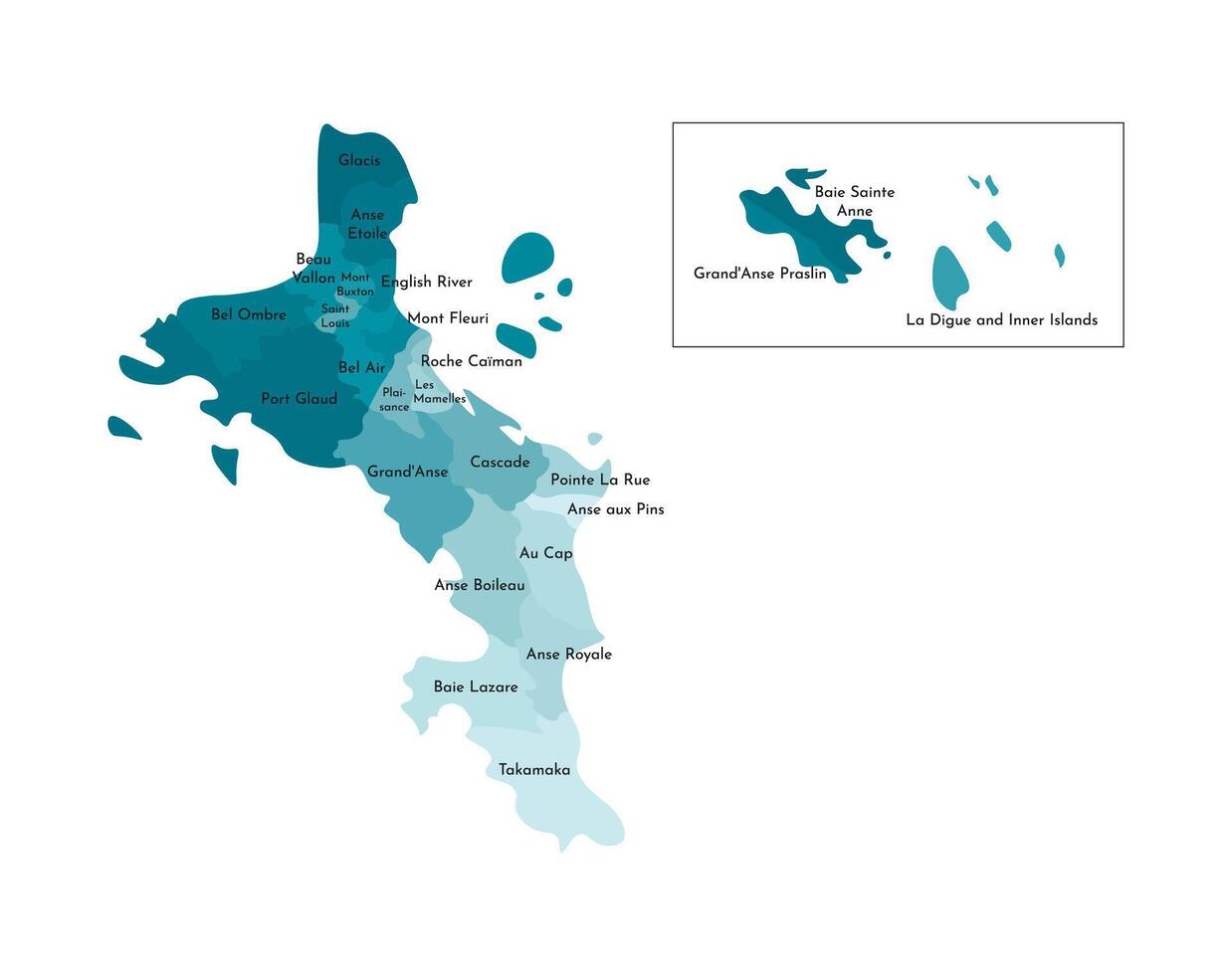 isolated illustration of simplified administrative map of Seychelles. Borders and names of the districts, regions. Colorful blue khaki silhouettes vector