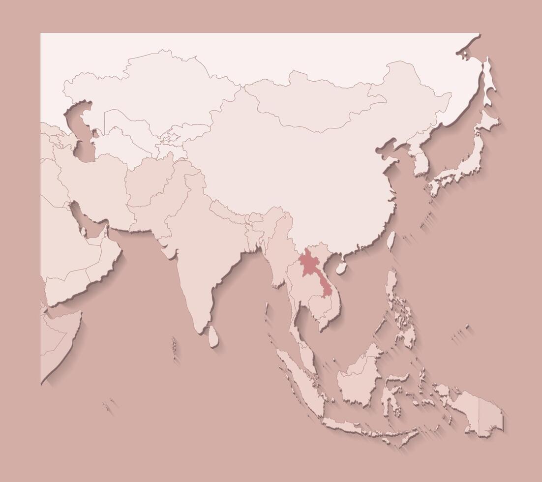 illustration with asian areas with borders of states and marked country Laos. Political map in brown colors with regions. Beige background vector