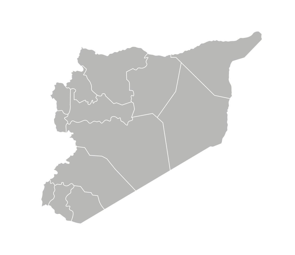 isolated illustration of simplified administrative map of Syria. Borders of the provinces, regions. Grey silhouettes. White outline. vector