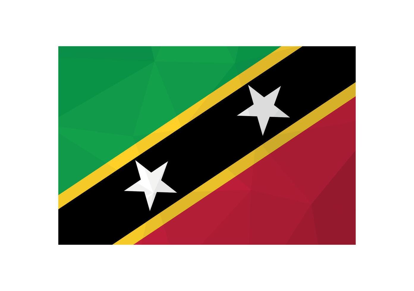 illustration. Official ensign of Saint Kitts and Nevis. National flag with stars and green, red, black colors. Creative design in low poly style with triangular shapes. vector