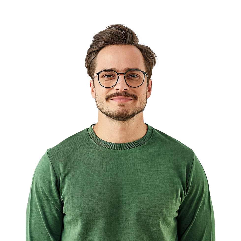 A man with glasses and a green sweater isolated on transparent background png