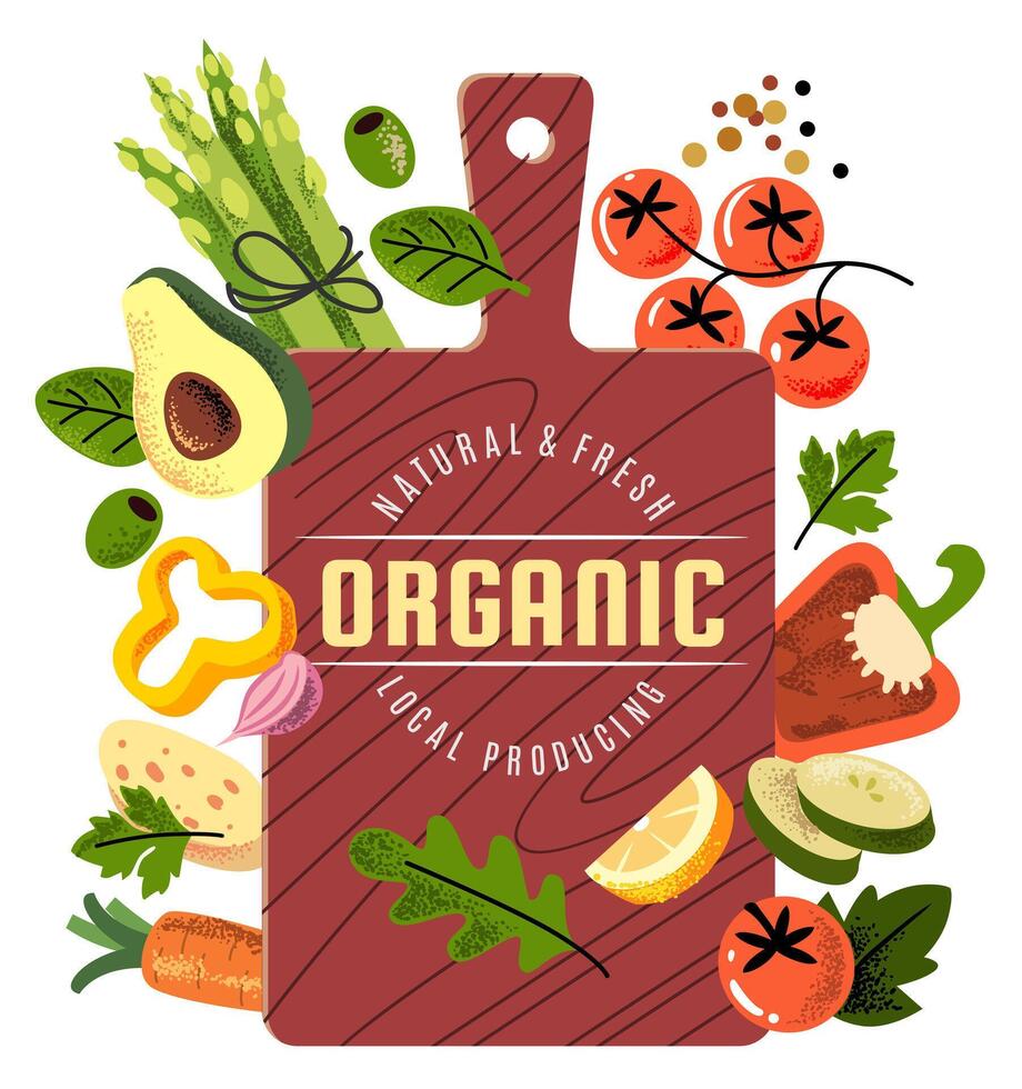 Cutting board and vegetables. Wood plate for prepare and cooking. vector